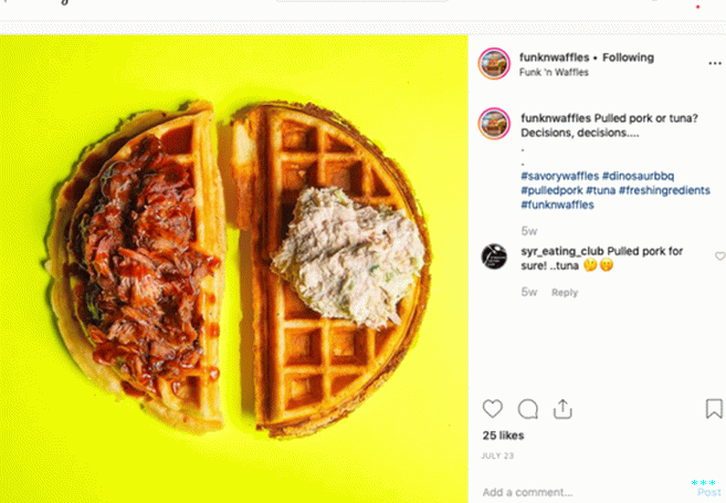 Waffle inspiration can come from anywhere—in this case, Syracuse, Ню Йорк.  Beloved cafe Funk n' Waffles offers your choice of savory waffles, such as pulled pork- or tuna-topped.